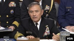 Đô đốc Harry Harris, chỉ huy trưởng Bộ tư lệnh Thái Bình Dương Mỹ, trong cuộc điều trần Ủy ban Quân vụ Thượng viện Hoa Kỳ, ngày 23/2/2016.