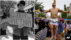 Phong trào phản đối chiến tranh Việt Nam ở Mỹ năm 1968 (trái) và phong trào phản đối bất bình đẳng sắc tộc Black Lives Matter trên đường phố Washington DC hôm 19/6/2020. Nước Mỹ bị chia rẽ sâu sắc trong thập niên 1960 và cả hiện tại.