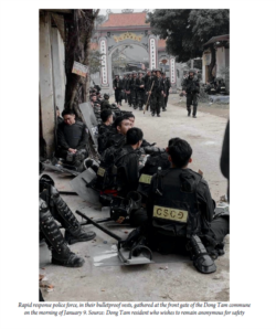 Báo cáo đăng hình CSCD tấn công vào Đồng Tâm ngày 09-01-2020. Hình do một người dân Đồng Tâm ẩn danh cung cấp cho Nhóm làm Báo cáo.
