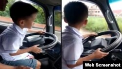 Hình ảnh bé trai 6 tuổi lái ôtô ở Quảng Ninh khi ngồi trên lòng bố.